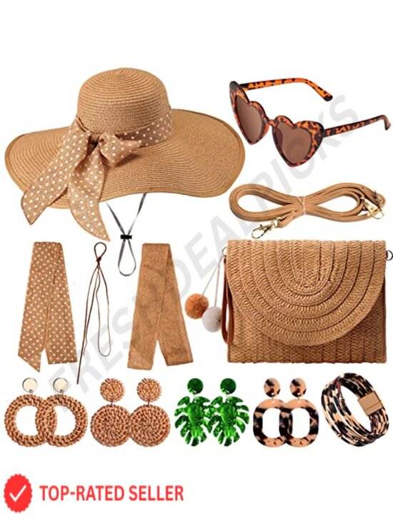 15pc Straw Beach Hat Bag Sunglasses Earrings Bracelet Jewelry Set Boho Summer